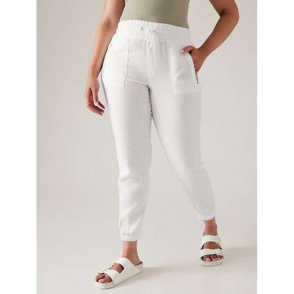 Athleta Pants - Athleta Cabo Linen Jogger Pants White Drawstring Zippered Pockets Womens Size 14